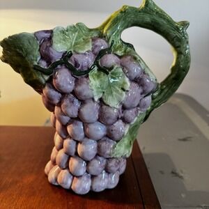 Vintage Mid Century Grape Vine ‎ Handpainted Italy Ceramic Pitcher
